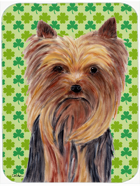 Yorkie St. Patricks Day Shamrock Portrait Glass Cutting Board - Large