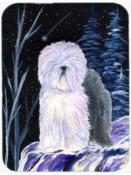 SS8406LCB Starry Night Old English Sheepdog Glass Cutting Board - Large