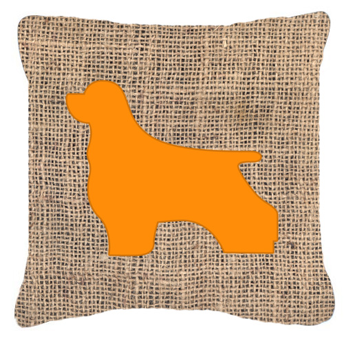 Cocker Spaniel Burlap and Orange Fabric Decorative Pillow - 14 x 14 in.