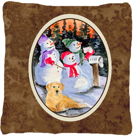 14 x 14 in. Snowman with Golden Retriever Fabric Decorative Pillow