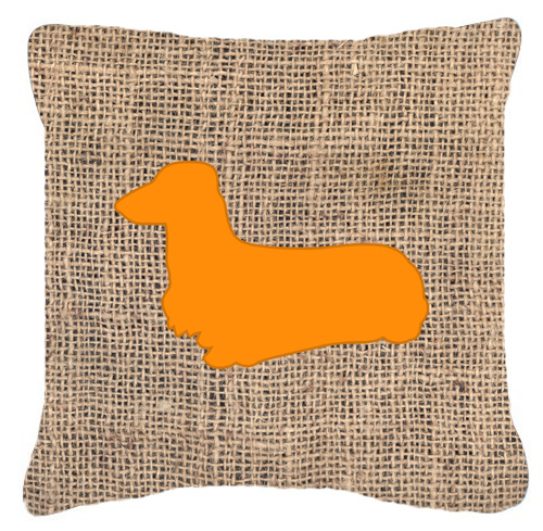 Dachshund Burlap and Orange Fabric Decorative Pillow - 14 x 14 in.