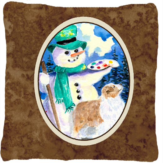 Snowman with Australian Shepherd Fabric Decorative Pillow - 14 x 14 in.