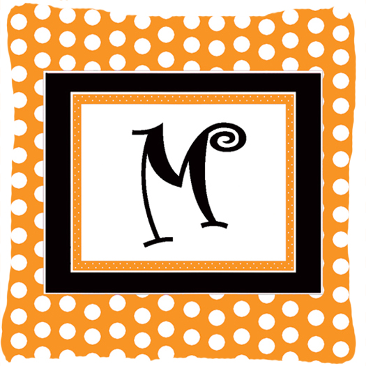 Monogram Initial M Orange Polkadots Fabric Decorative Pillow - 14 x 14 in.