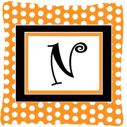 Monogram Initial N Orange Polkadots Fabric Decorative Pillow - 14 x 14 in.