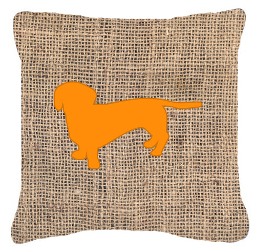 Dachshund Burlap and Orange Fabric Decorative Pillow - 14 x 14 in.