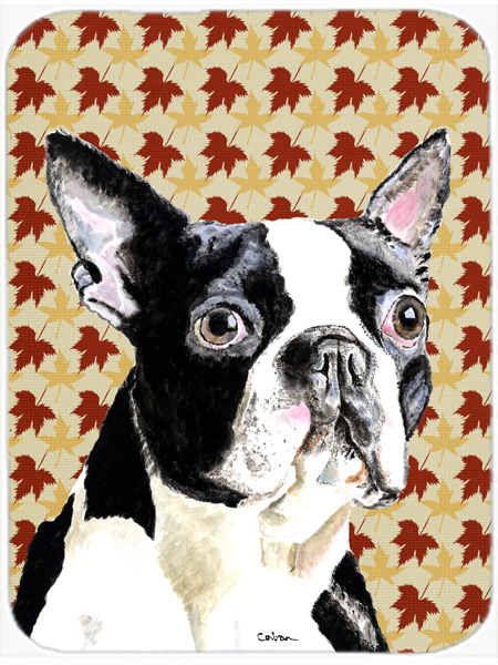 Boston Terrier Fall Leaves Portrait Glass Cutting Board- Large