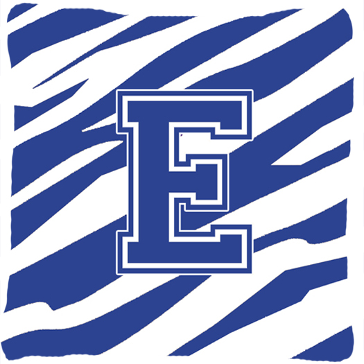 Monogram Initial E Tiger Stripe Blue and White Fabric Decorative Pillow - 14 x 14 in.