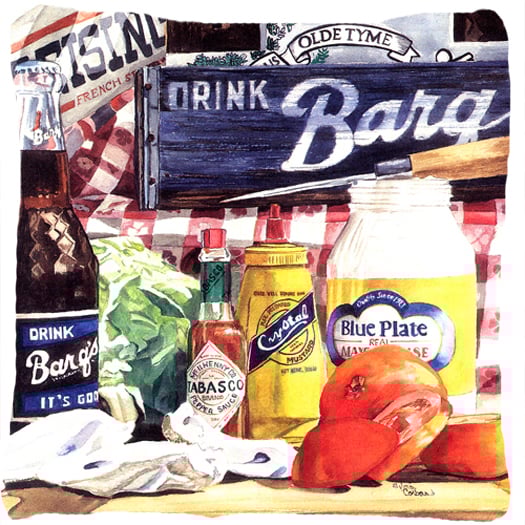 Blue Plate Mayonaise- Barqs and A tomato sandwich Fabric Decorative Pillow -  JensenDistributionServices, MI3432010