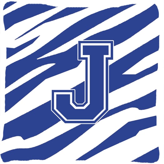 14 x 14 in. Monogram Initial J Tiger Stripe Blue and White Fabric Decorative Pillow