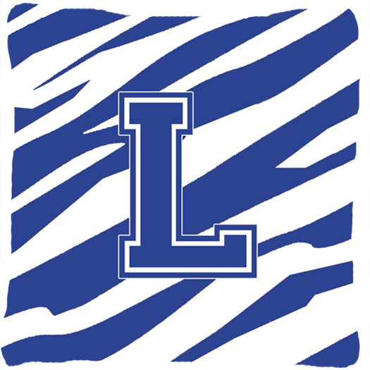 Monogram Initial L Tiger Stripe Blue and White Fabric Decorative Pillow - 14 x 14 in.