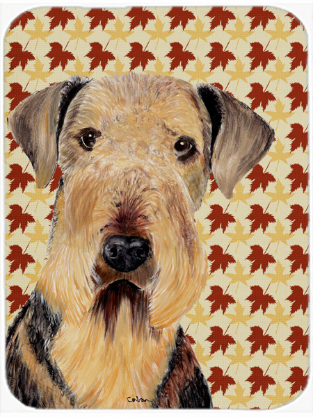 Airedale Fall Leaves Portrait Glass Cutting Board - Large