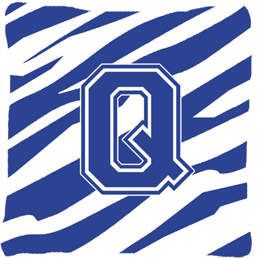 14 x 14 in. Monogram Initial Q Tiger Stripe Blue and White Fabric Decorative Pillow
