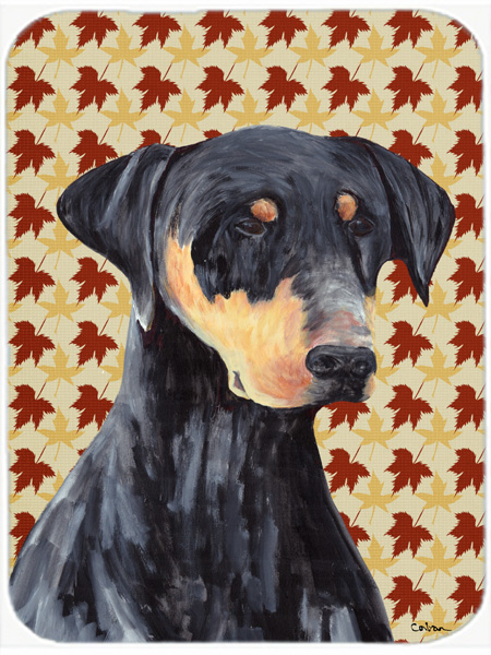 Doberman Fall Leaves Portrait Glass Cutting Board- Large