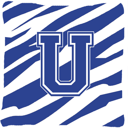Monogram Initial U Tiger Stripe Blue and White Fabric Decorative Pillow