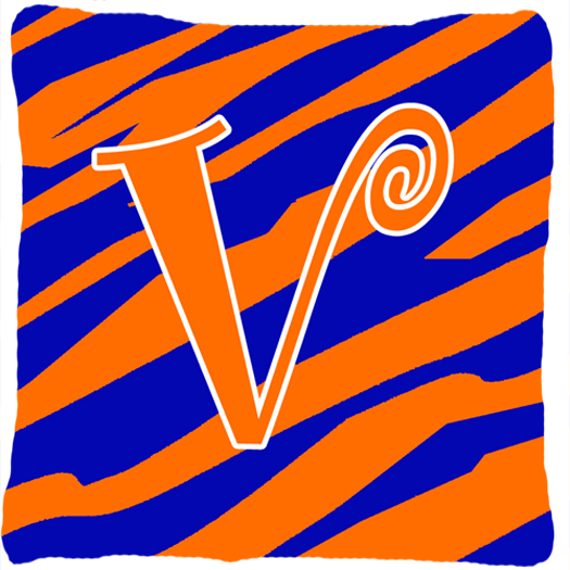 Monogram Initial V Tiger Stripe Blue and Orange Fabric Decorative Pillow