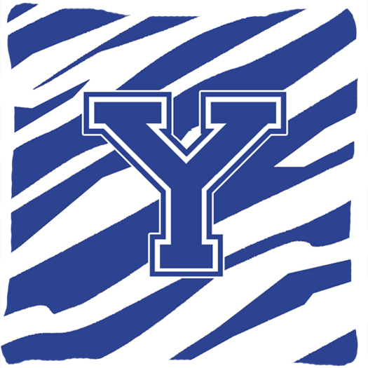 Monogram Initial Y Tiger Stripe Blue and White Fabric Decorative Pillow 14 x 14 in.
