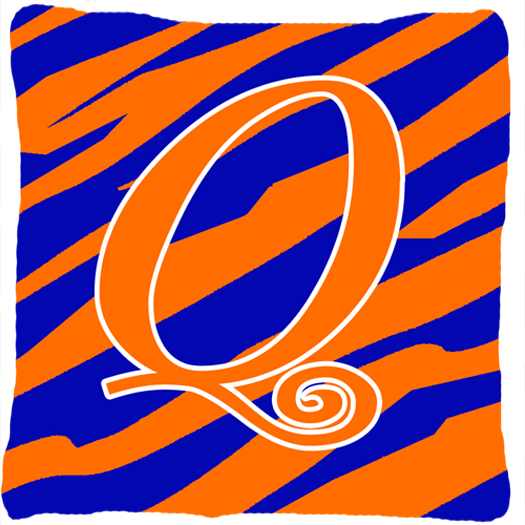 Monogram Initial Q Tiger Stripe Blue and Orange Fabric Decorative Pillow - 14 x 14 in.