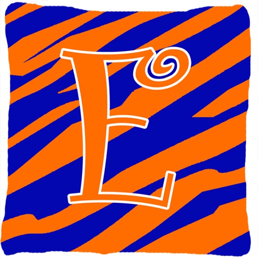 Monogram Initial E Tiger Stripe Blue and Orange Fabric Decorative Pillow