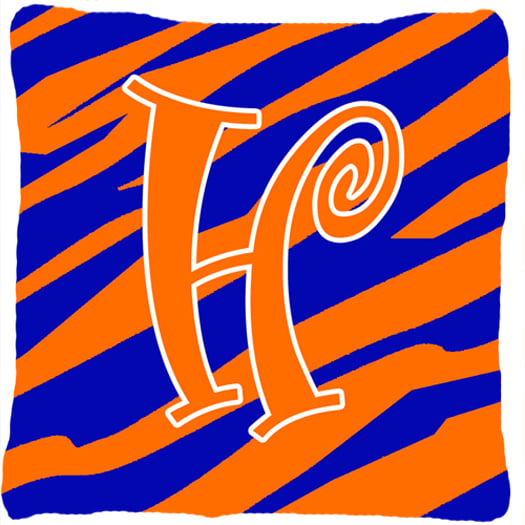 14 x 14 in. Monogram Initial H Tiger Stripe Blue and Orange Fabric Decorative Pillow