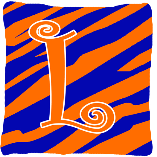 Monogram Initial L Tiger Stripe Blue and Orange Fabric Decorative Pillow