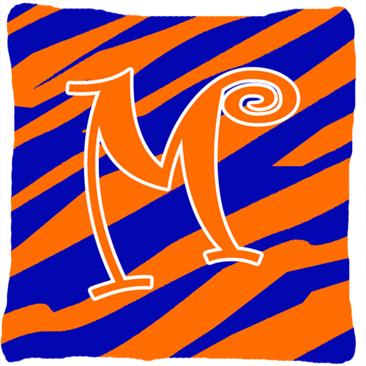 Monogram Initial M Tiger Stripe Blue and Orange Fabric Decorative Pillow