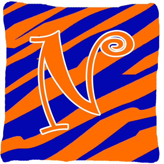 Monogram Initial N Tiger Stripe Blue and Orange Fabric Decorative Pillow