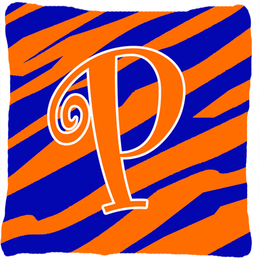 Monogram Initial P Tiger Stripe Blue and Orange Fabric Decorative Pillow