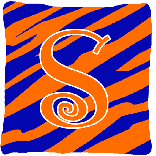 Monogram Initial S Tiger Stripe Blue and Orange Fabric Decorative Pillow