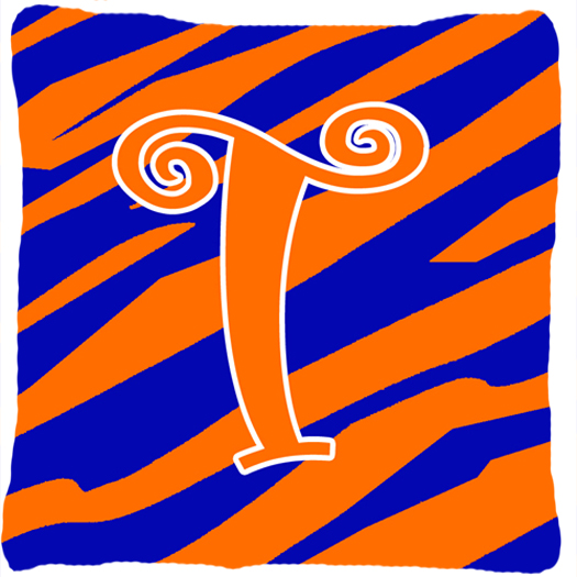 Monogram Initial T Tiger Stripe Blue and Orange Fabric Decorative Pillow