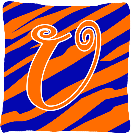 Monogram Initial U Tiger Stripe Blue and Orange Fabric Decorative Pillow