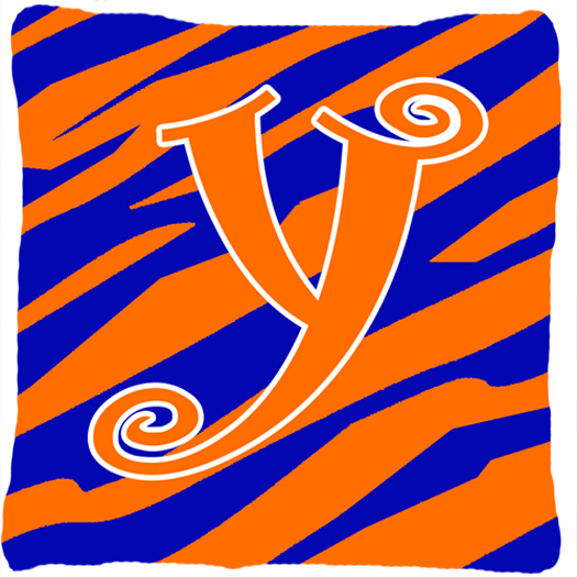 Monogram Initial Y Tiger Stripe Blue and Orange Fabric Decorative Pillow - 14 x 14 in.