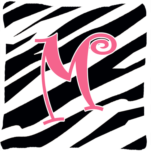 14 x 14 in. Monogram Initial M Zebra Stripe and Pink Fabric Decorative Pillow
