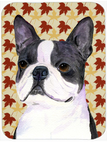 Boston Terrier Fall Leaves Portrait Glass Cutting Board- Large