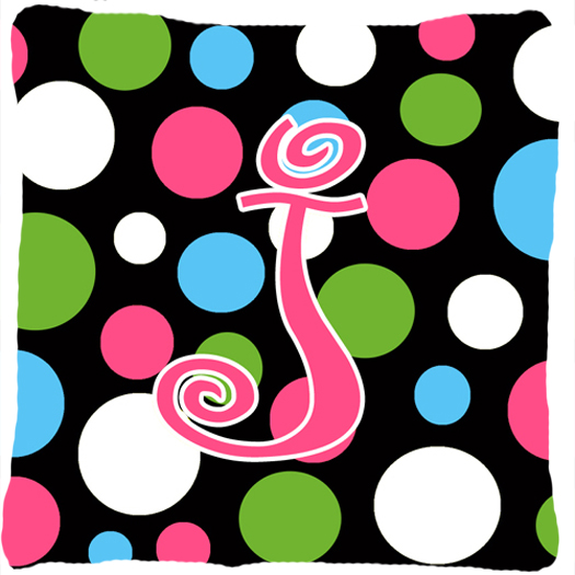 Monogram Initial J Polkadots and Pink Fabric Decorative Pillow - 14 x 14 in.