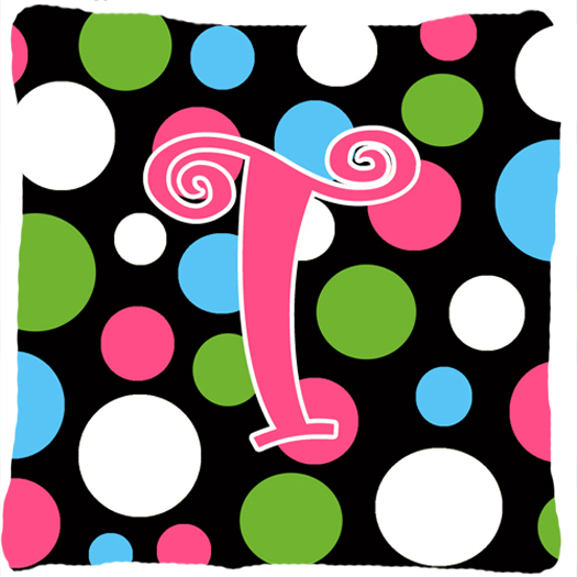 Monogram Initial T Polkadots and Pink Fabric Decorative Pillow - 14 x 14 in.