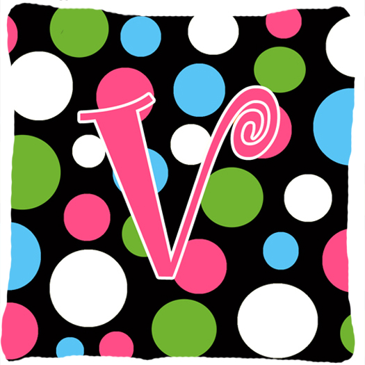 Monogram Initial V Polkadots and Pink Fabric Decorative Pillow - 14 x 14 in.