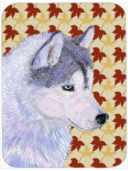 Siberian Husky Fall Leaves Portrait Glass Cutting Board- Large