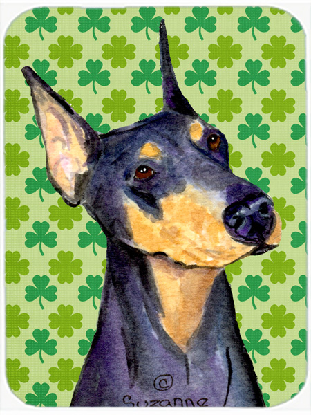 Doberman St. Patricks Day Shamrock Portrait Glass Cutting Board- Large