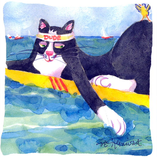 Black & White Cat Surfin Bird Decorative Indoor & Outdoor Fabric Pillow