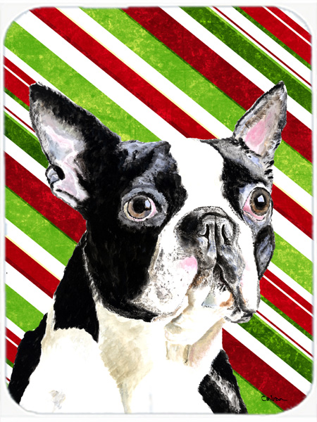 Boston Terrier Candy Cane Holiday Christmas Glass Cutting Board- Large