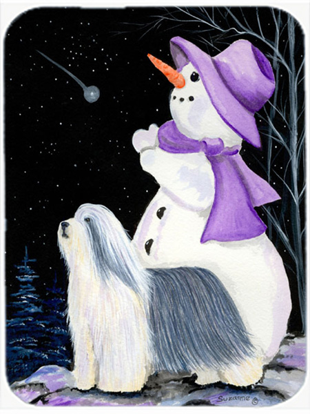 Snowman With Bearded Collie Glass Cutting Board- Large