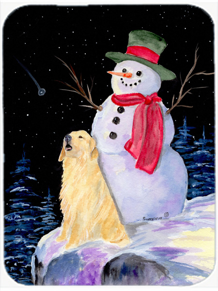 Snowman With Golden Retriever Glass Cutting Board- Large