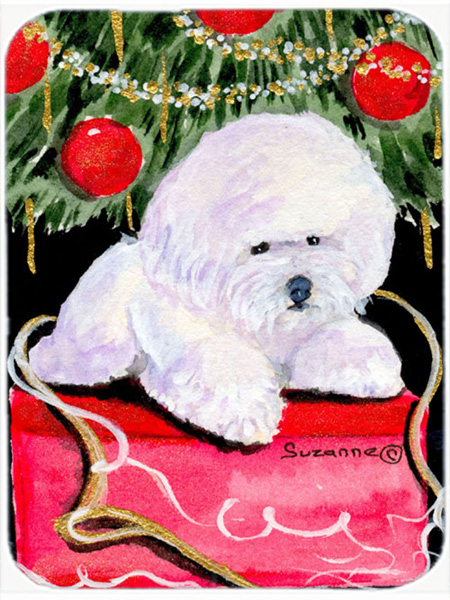 Christmas Tree With Bichon Frise Glass Cutting Board- Large