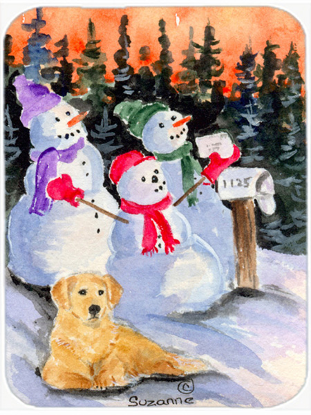 Snowman With Golden Retriever Glass Cutting Board, Large