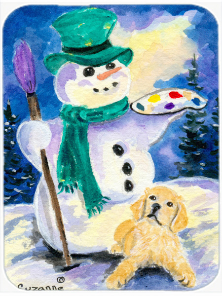 Snowman With Golden Retriever Glass Cutting Board- Large