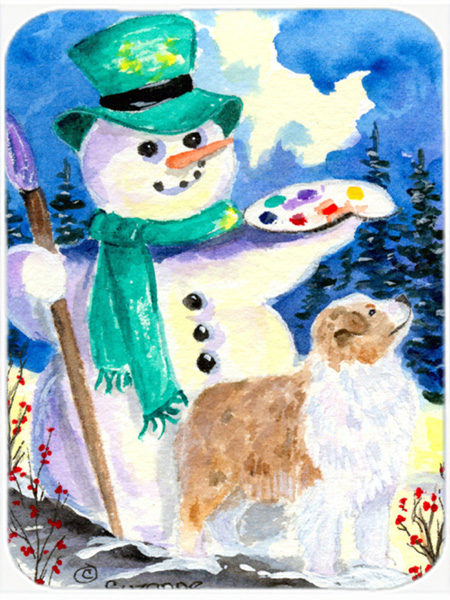Snowman With Australian Shepherd Glass Cutting Board- Large