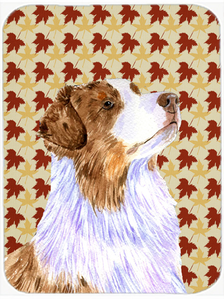 Australian Shepherd Fall Leaves Portrait Glass Cutting Board- Large