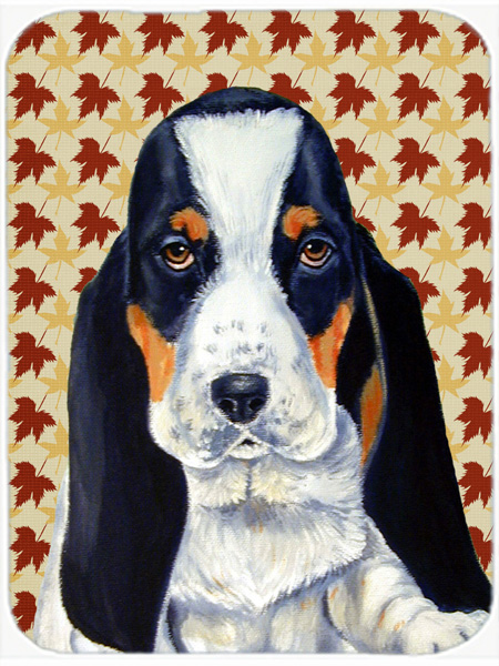Basset Hound Fall Leaves Portrait Glass Cutting Board- Large