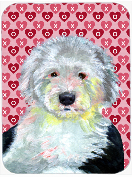LH9171LCB 15 x 12 in. Old English Sheepdog Hearts Love and Valentines Day Glass Cutting Board - Large