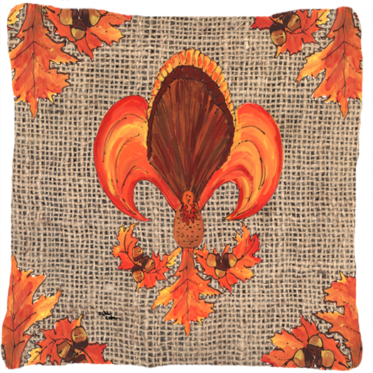 14 x 14 in. Thanksgiving Turkey Fleur de lis Decorative Fabric Pillow